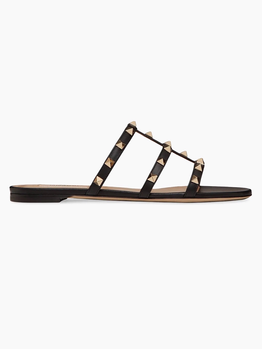 Authentic Valentino Garavani Rockstud Flat Black Leather Slide Sandals